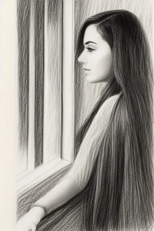 Pencil sketch of Young woman look through the window , Arab features,sad, long wavy hair, full body، on lined paper