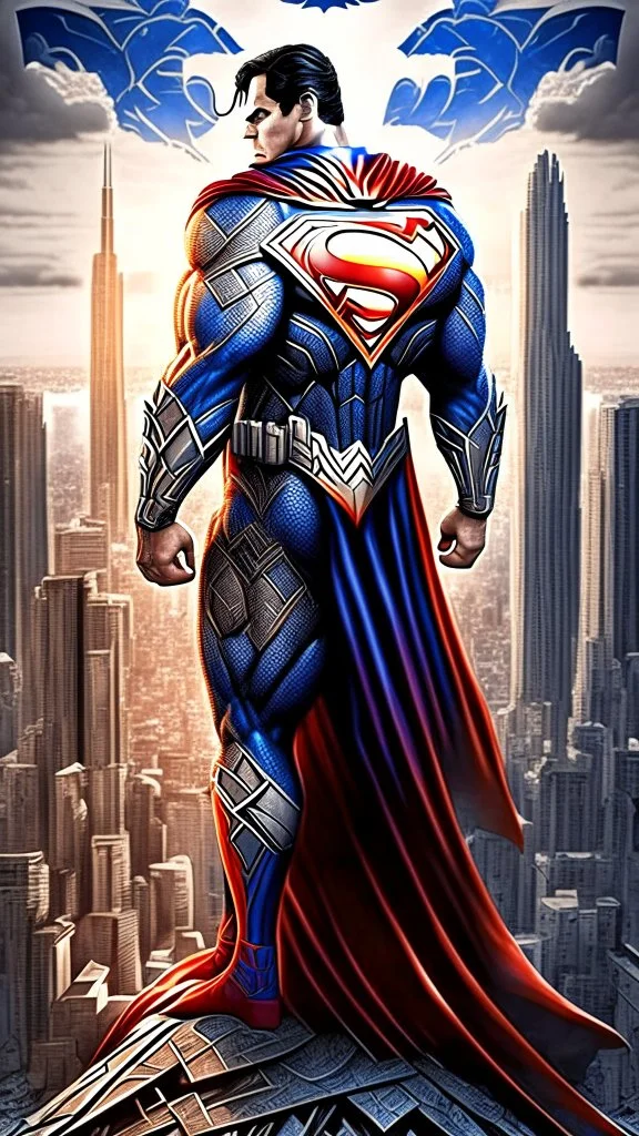 Album cover. Realistic drawing of Mandala pattern. .Advanced Superman with an advanced suit..Realistic detailing. High quality . Movie scene. background . A destroyed city.