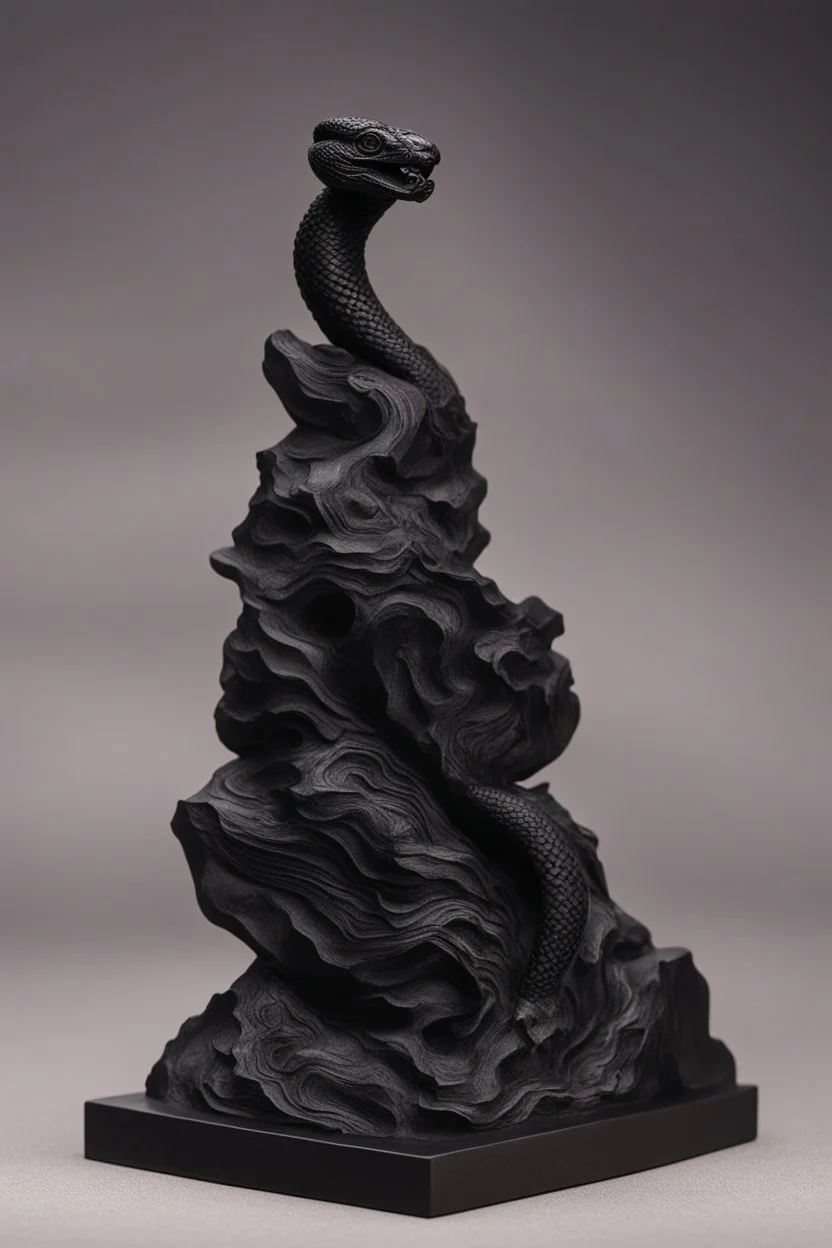 an ominous small statuette made of ebony in the form of a mountain with the snake slithering around the mountain