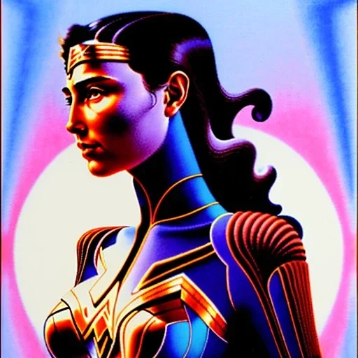 a vibrant ultraclear sideview waist up portrait of the wonder woman robot by rene magritte and laurie greasley, etching by gustave dore, colorful flat surreal, ethereal, intricate, sharp focus, illustration, highly detailed, digital painting, concept art, masterpiece