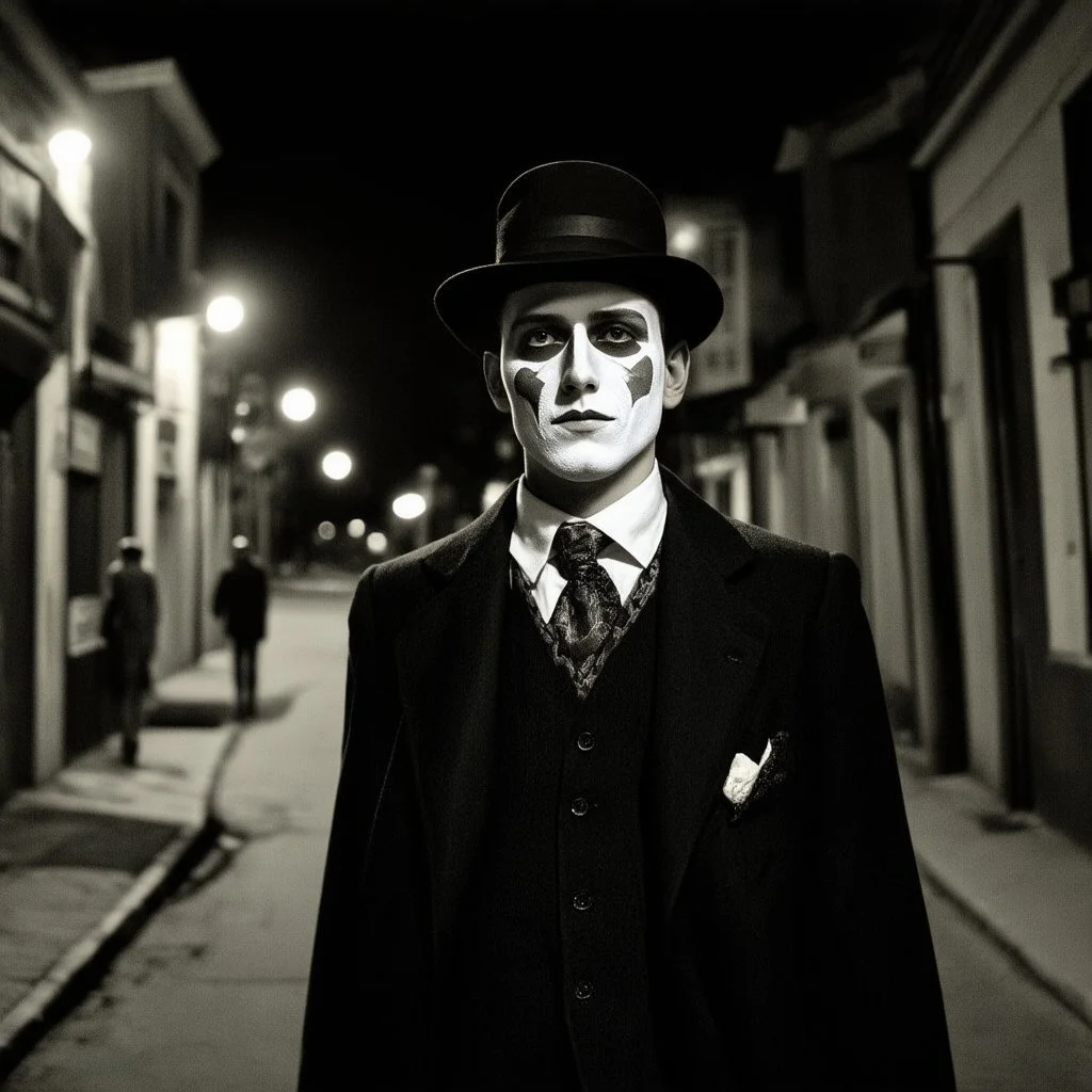 very grainy discolored modern photo, closeup portrait, dark night street with no lights, grunge, male with chalk-white skin wearing a 1910's costume, elegant, knowlegeable