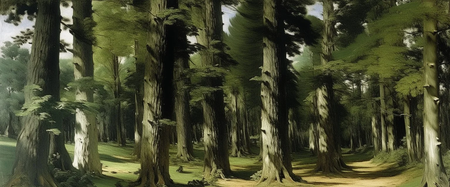 A grayish green forest with giant trees painted by Edouard Manet