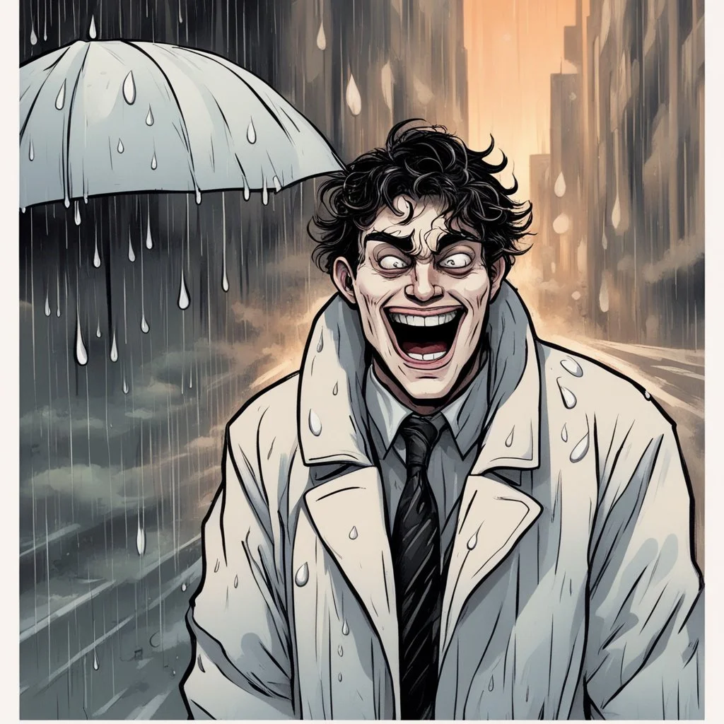 a closeup of a psychopathic young man with white eyes in a heavy coat during a rainstorm laughing cartoon