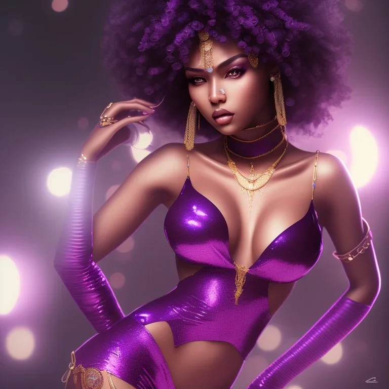 full body shot, masterpiece, best quality,dark skin, sparkling eyes, fluorescent skin,purple-dark makeup, gangsta female , highly detailed body, sun light, 4K, RAW, high contrast, realistic details, 24mm , depth of field ,