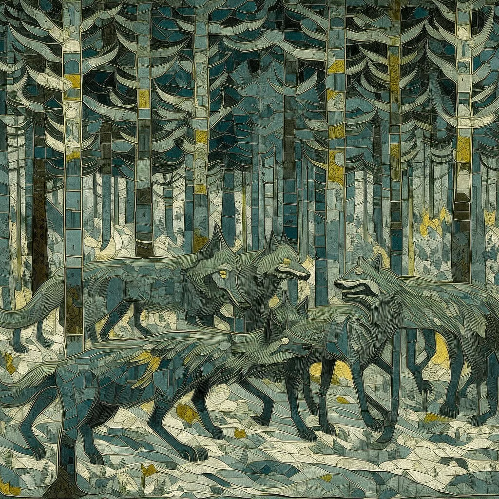 A gray woods with singing wolves designed in ancient Roman mosaics painted by Vincent van Gogh