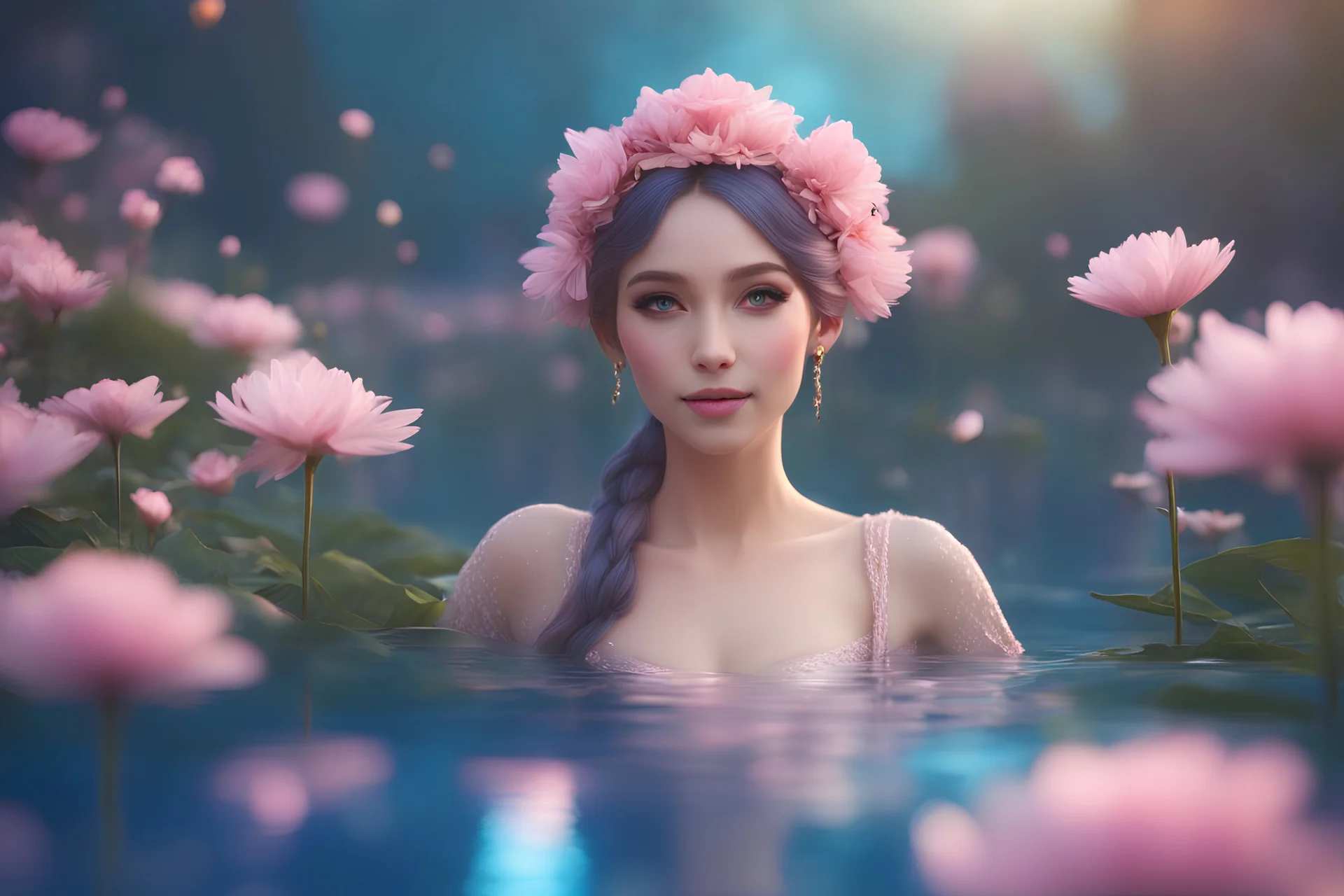 beautiful galactic goddess, full body, nice eyes, pure harmony, soft pink, soft blue, smile, galactic, magic, transcendent, goodness, divine, warm look, fantastic magical flowers background, colored lake, ultra sharp focus, ultra high definition, 8k, unreal engine5