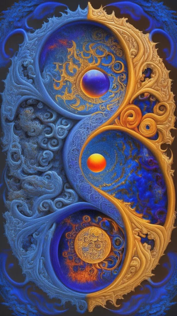 yin-Yang symbol, hyper detailed, photorealistic, hyper detailed, hyper defined, orange, azul, purple, yellow, DMT art