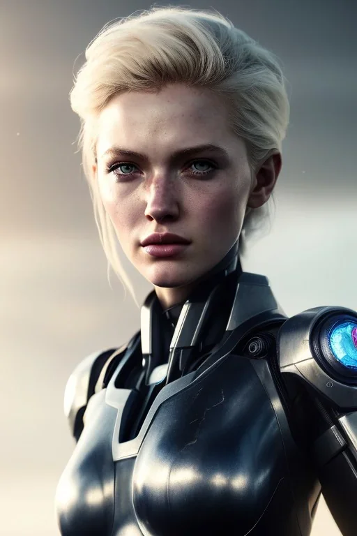 portrait,beautiful blonde robot, post-apocalyptic in a cyberpunk city, realistic, intriacte detail, sci-fi fantasy style, volumetric lighting, particales,highly detailed,cinamatic, deep