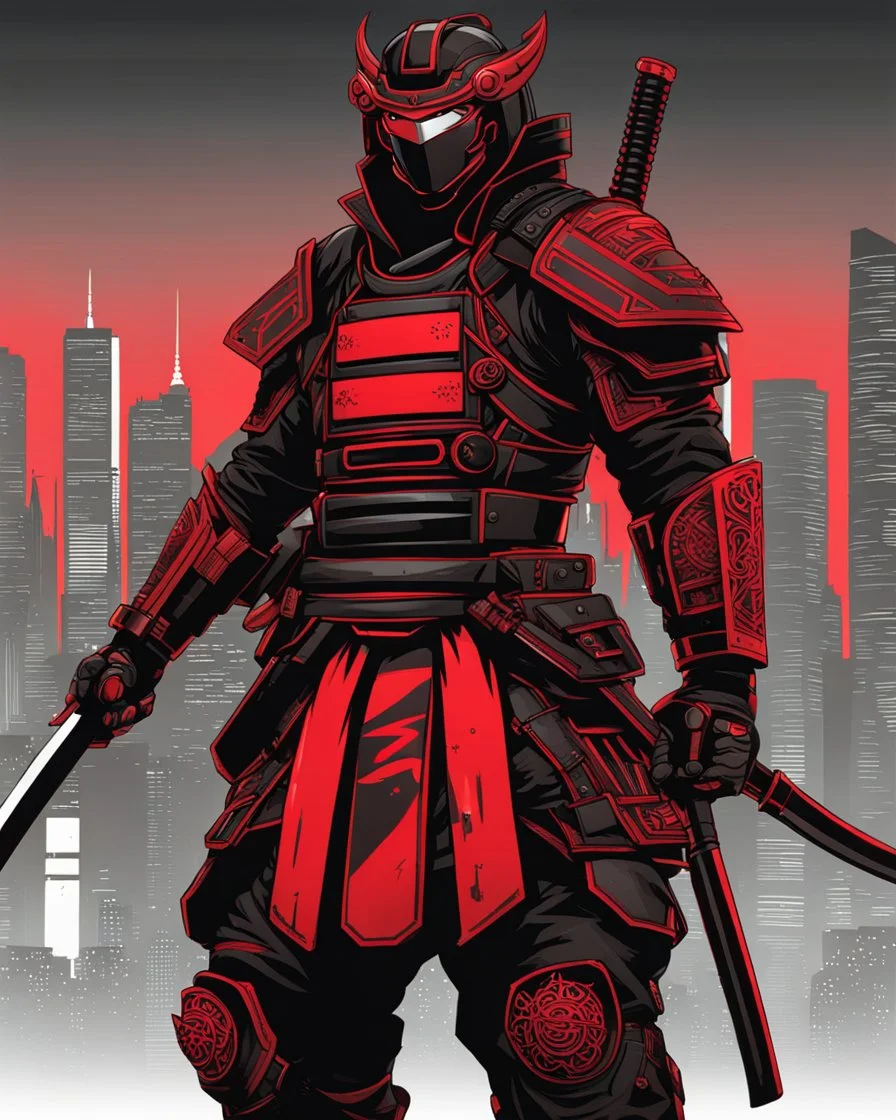 dibujo de contorno de un Samurái negro y rojo con traje cyberpunk, fondo ciudad