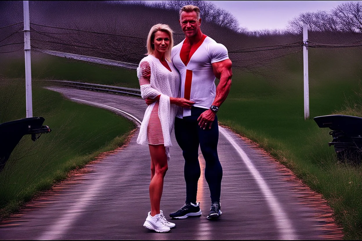 make a pic with short hair bodybuilder Knut Spildrejorde from Norway and his fitness wife Jeanette, they are standing front of his new red car Chevrolet Camaro, very busy highway in sunny Texas in the background