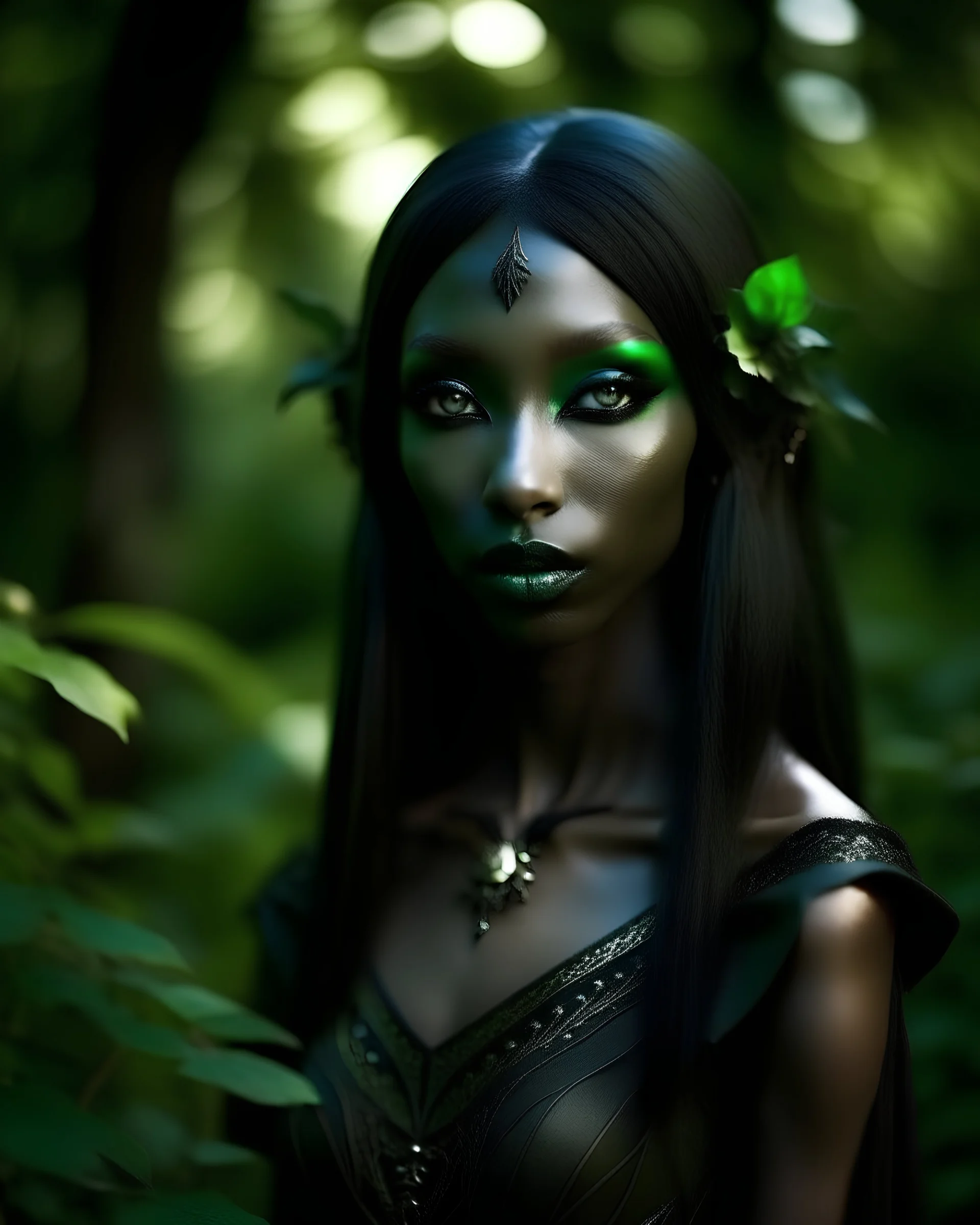 beautiful, japanese and mongolian facial features, brown skin, black make up, tiny nose, green iris, dark elf, drow, elf, black hair, pointy ears, druide, dirty black dress, mystic, soft light, nature, shabby, natural, garden