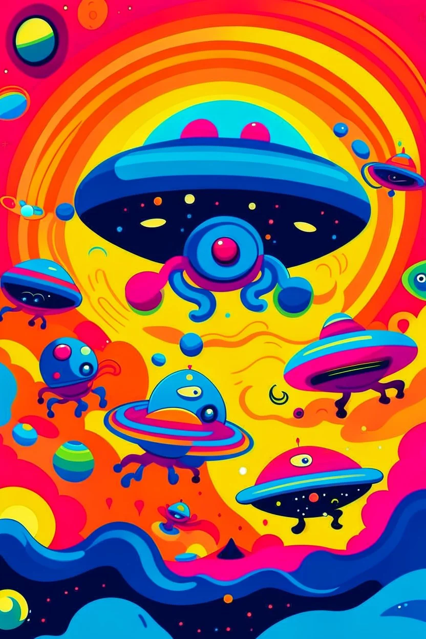 /imagine kids illustration space scene with monsters and flying saucers, cartoon style, thick lines, low detail, vivid color --ar 85:110