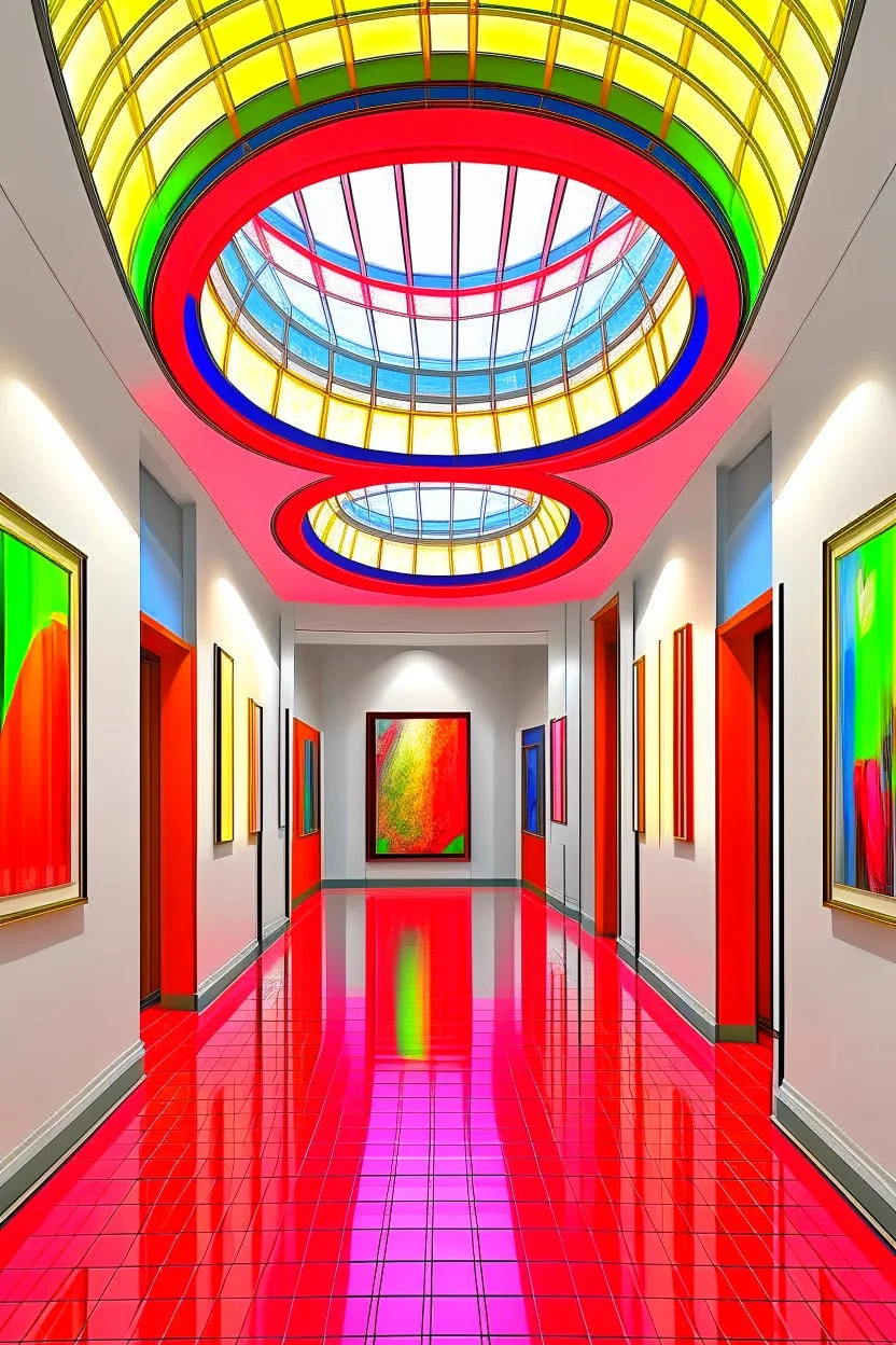 3 D-shot A hall for displaying art paintings. The walls are oval-shaped, and there is an oval wall in the middle of the hall, to divide the hall into two parts, and the paintings are hung on the walls, and the walls are made of glass.