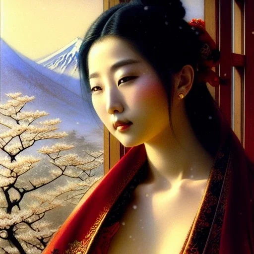 portrait beautiful face japanese Gheisha,window,busty,japanese garden,snow,cherry trees,mountains,ancient leather armor, balanciaga fashion clothe painting by gaston bussiere, greg rutkowski, yoji shinkawa, yoshitaka amano, tsutomu nihei, donato giancola, tim hildebrandt, oil on canvas, cinematic composition, extreme detail,fit full head inside picture,16k