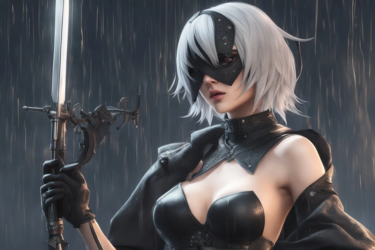 Hot 2B with blindfold in 8k nier automata artstyle, 2B them, 2B Custom, blindfold, close picture, rain, fantasy world, intricate details, highly detailed, high details, detailed portrait, masterpiece,ultra detailed, ultra quality