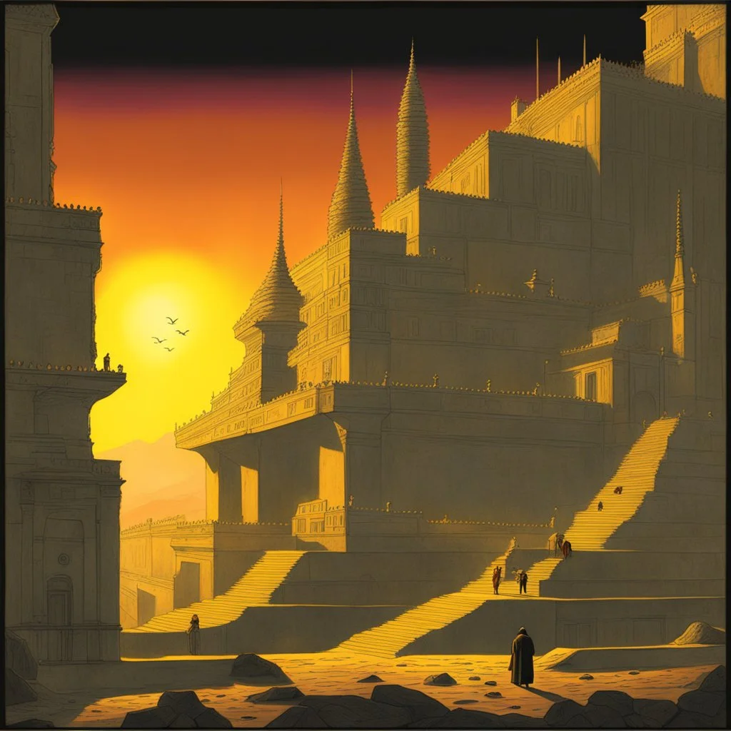 art by "Amedeo Bocchi", painting, landscape , Feigned The Palace Beyond Good and Evil, at Dawn, Illustration, Hopeless, 70s Science Fiction, Provia, overly complex style