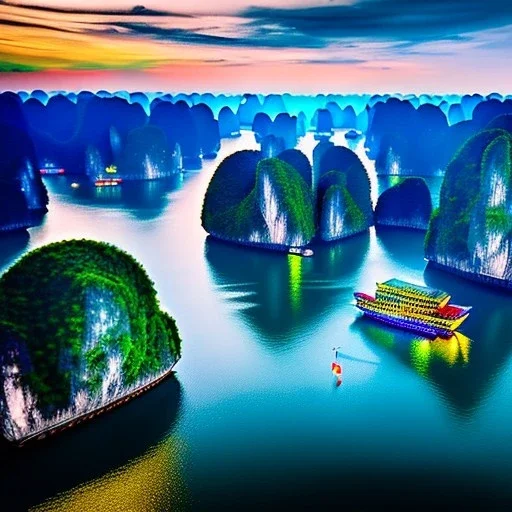 Ha Long Bay, Vietnam,fisher boats, aerial view,cloudy,extremely detailed digital painting, high resolution,8k, realistic, beautiful, volumetric lighting, mystical colors ,perfectly centered image, perfect composition, rim light, beautiful lighting,masterpiece, stunning scene, raytracing, anatomically correct, in the style of robert e howard and Ken Kelley and Ohrai Noriyoshi and Simon Bisley and tomzj1,.