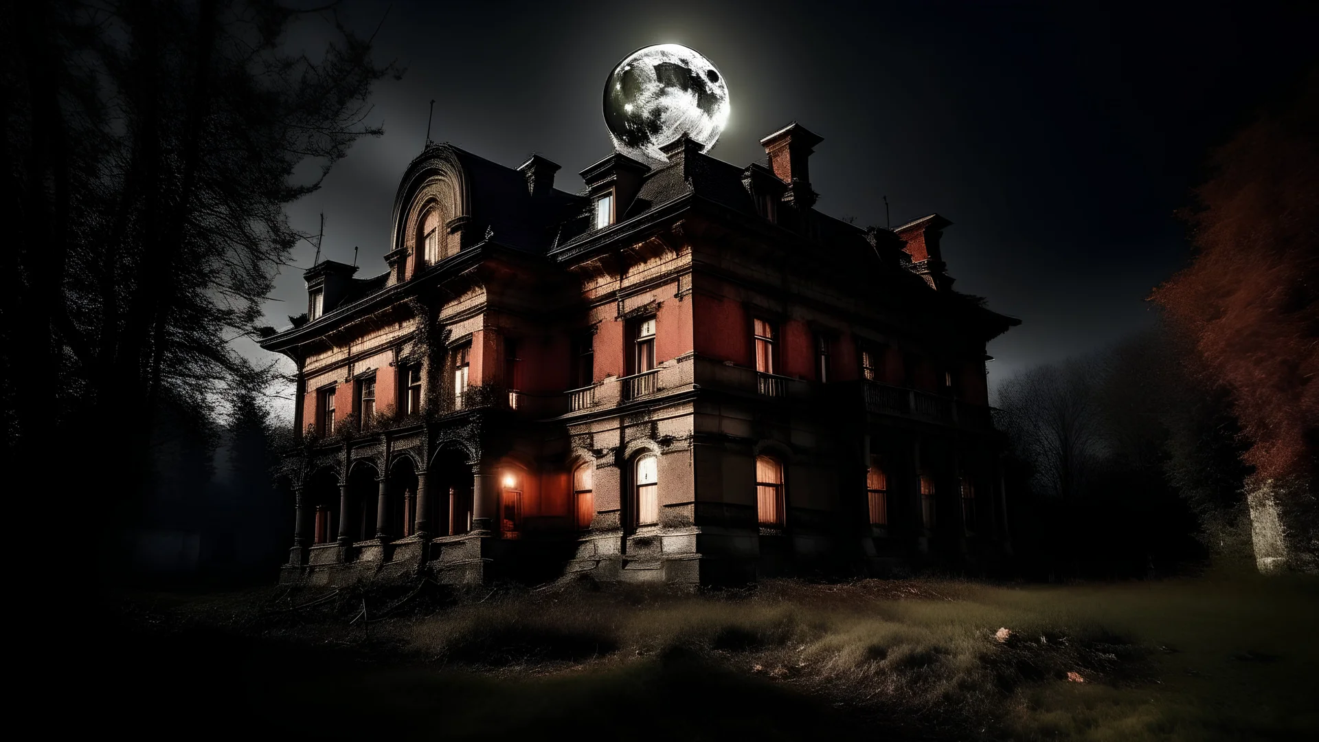 The bloody moon illuminated the abandoned mansion