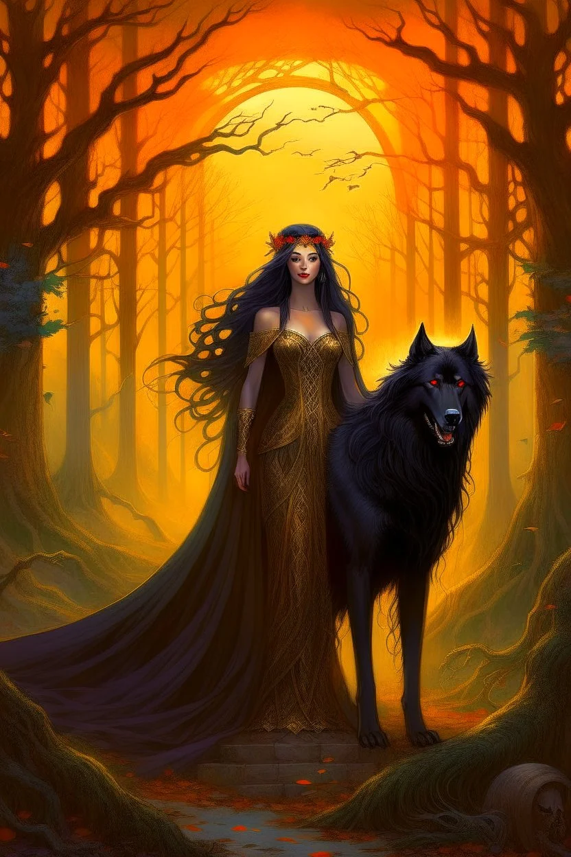 In the heart of a dense and enigmatic forest with towering ancient trees cloaked in amber foliage stood a bewitching sorceress possessing an ethereal allure her lustrous hair cascading in ebony waves down to her slender waist that turns into roots In the background a faithful companion a majestic canine of Belgian shepherd lineage roamed at her side its eyes illuminated by an otherworldly crimson glow exuding an aura both mysterious and demonic