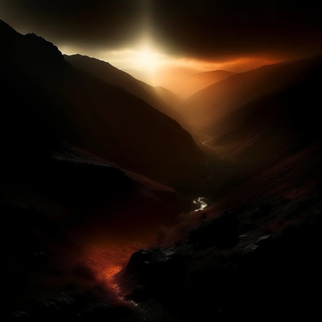 atmospheric deep orange light coming through a dark valley