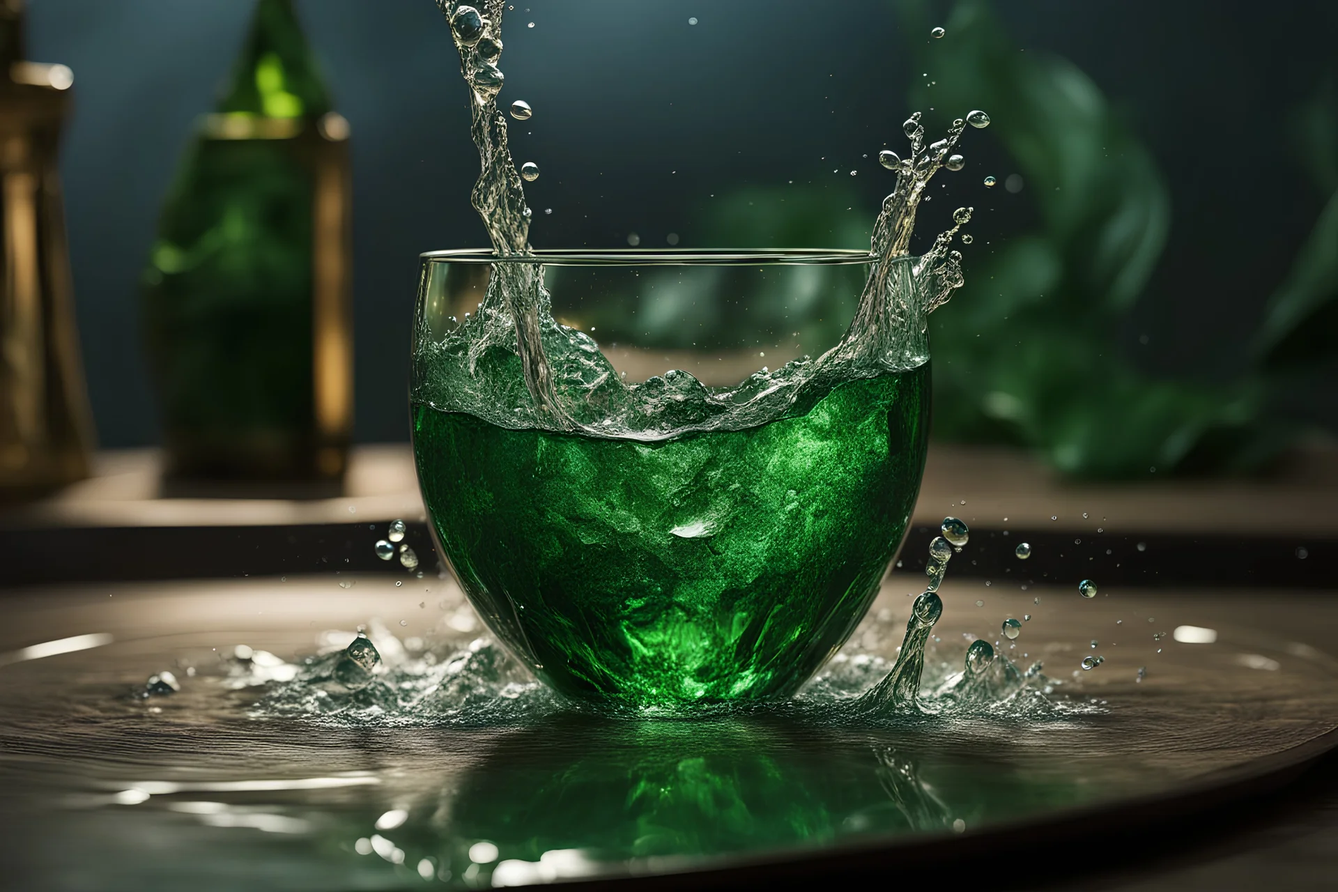 stunning emerald gemstone hitting a glass bowl, exploding water, hyperrealistic image , the water drops splashing in the air, Professional photography 64 megapixel sharp focus excellent quality, perfect light, ultra realistic perfect composition award winning image