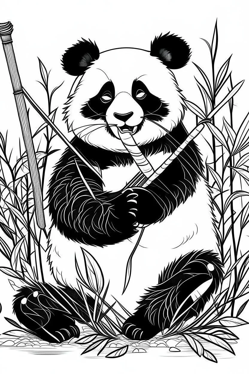 Showcase a playful panda, against a bamboo backdrop, clean line art, white background, no shadows, black and white coloring book.