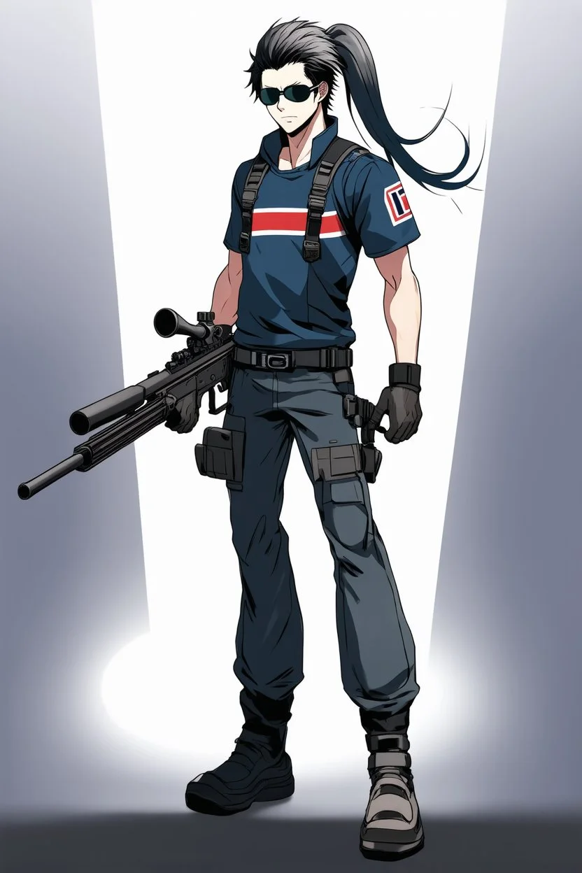 male cyberpunk solo with long hair tail, Norwegian, Wearing Leisureware and mirrored sunglasses, armed with sniper rifle, lean, nice, Anime Style, Retroanime, Video Game Character