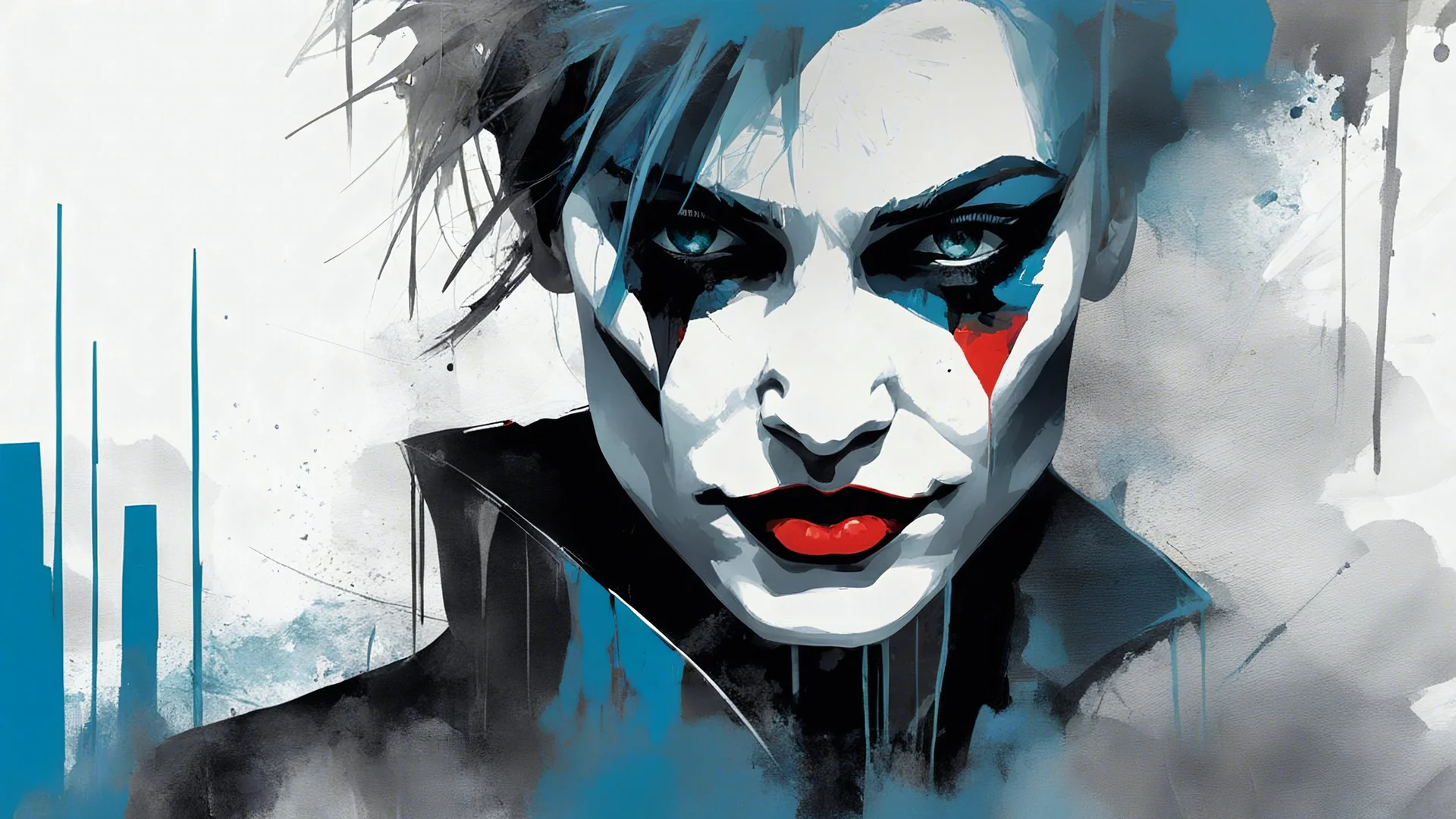 aesthetic, painterly style, modern ink, joker, blue and dark, sensual, sultry, dark blouse, expressive pose, urbanpunk, abstract texture multilayer background, neo-expressionist , Russ Mills, Ian Miller