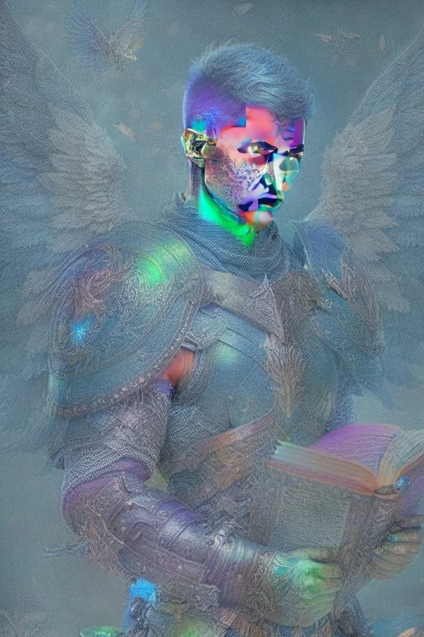 a person in runic armor with blue wings, blue short hair, runic tattoo and spell book