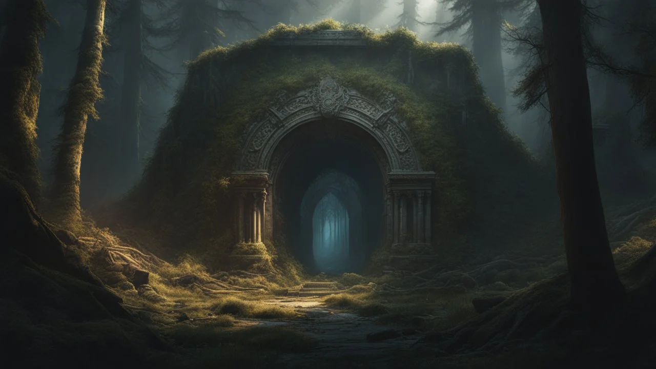 in a dead wasteland stands an ancient portal. Inside the darkness in the portal is a beautiful forest, cinematic lighting, hyper realisme, Hyperrealistic, splash art, concept art, mid shot, intricately detailed, color depth, dramatic, 2/3 face angle, side light, colorful background