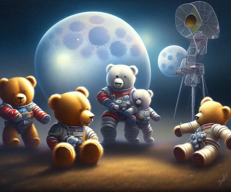 little boy and big teddy bears on moon. oil on canvas