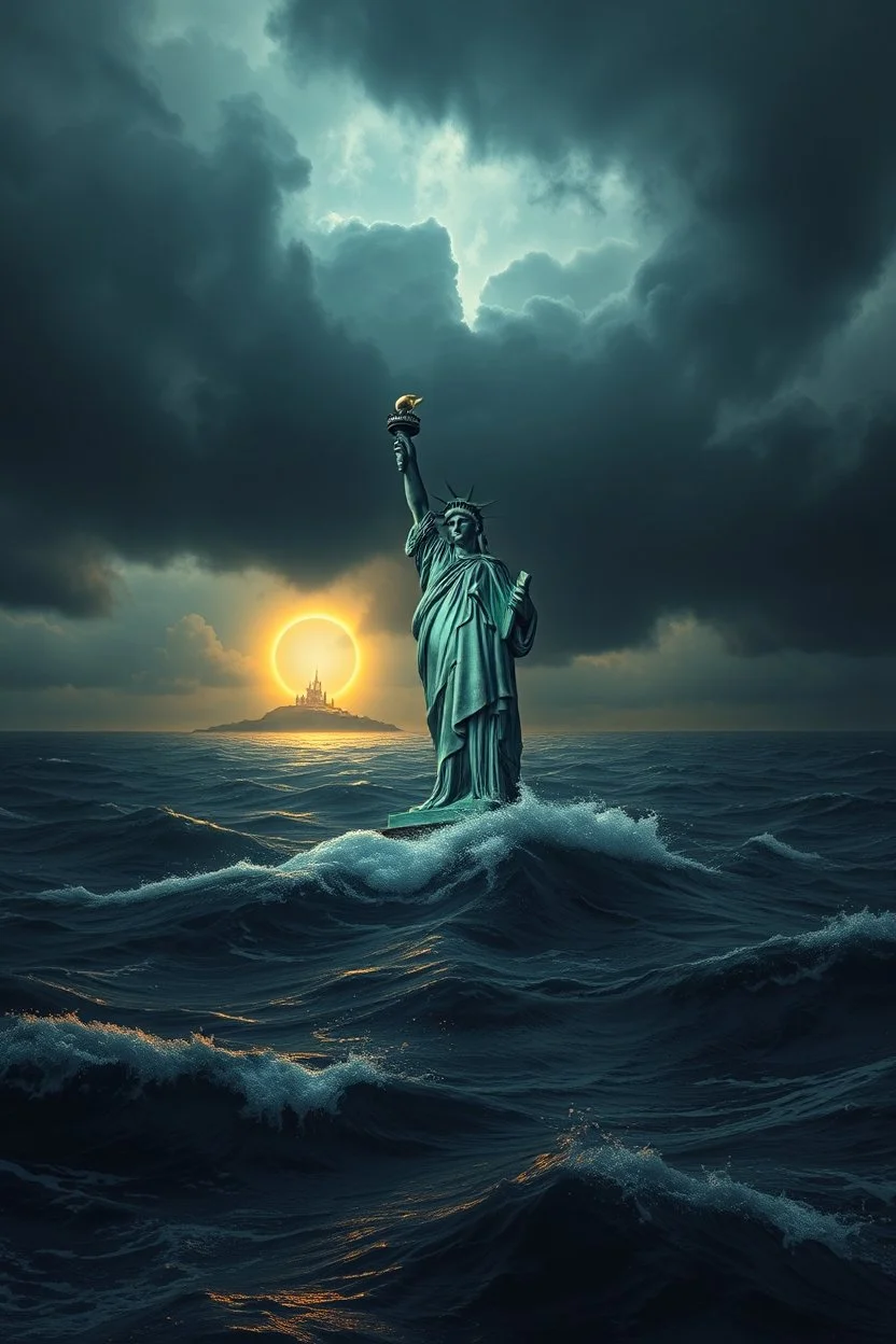 Hyperrealistic illustration of the Statue of Liberty sinking in a vast ocean, with waves gently lapping against it. The sky is dark and stormy, with heavy, ominous clouds swirling above. In the distance, a small island glows softly, surrounded by a faint golden halo, contrasting with the dramatic, turbulent atmosphere. The overall scene should be moody and surreal, with intricate textures on the chess piece to highlight its grandeur and mystery.