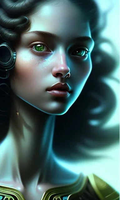 young girl, cute, beautiful, long curly hair, black hair, green alien skin, big flat nose, black eyes, big eyes, turquoise dress, head and shoulders portrait, 8k resolution concept art portrait by Greg Rutkowski, Artgerm, WLOP, Alphonse Mucha dynamic lighting hyperdetailed intricately detailed, avatar pandora