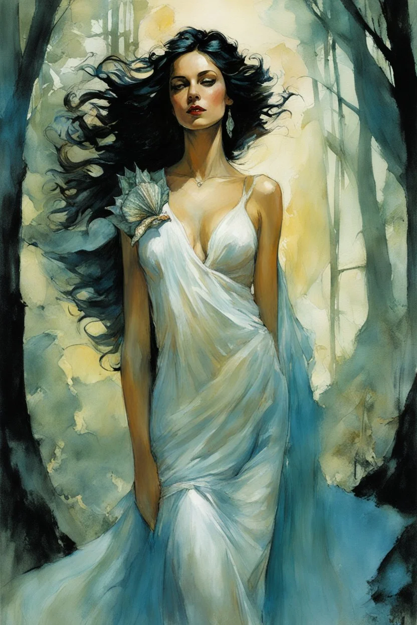 Alex Maleev, unused cover illustration, 2005: [greek goddess model in flesh] Seraphina, a nymph-like woman, possessed ethereal beauty in a secluded forest. Adorned in flowing garments, she held a seashell with mystical significance. The seashell symbolized her connection to water and served as a conduit for communication or transformation. Seraphina's serene expression and posture reflected her harmony with the natural world. Her enchanting presence hinted at a deep understanding of nature's mys