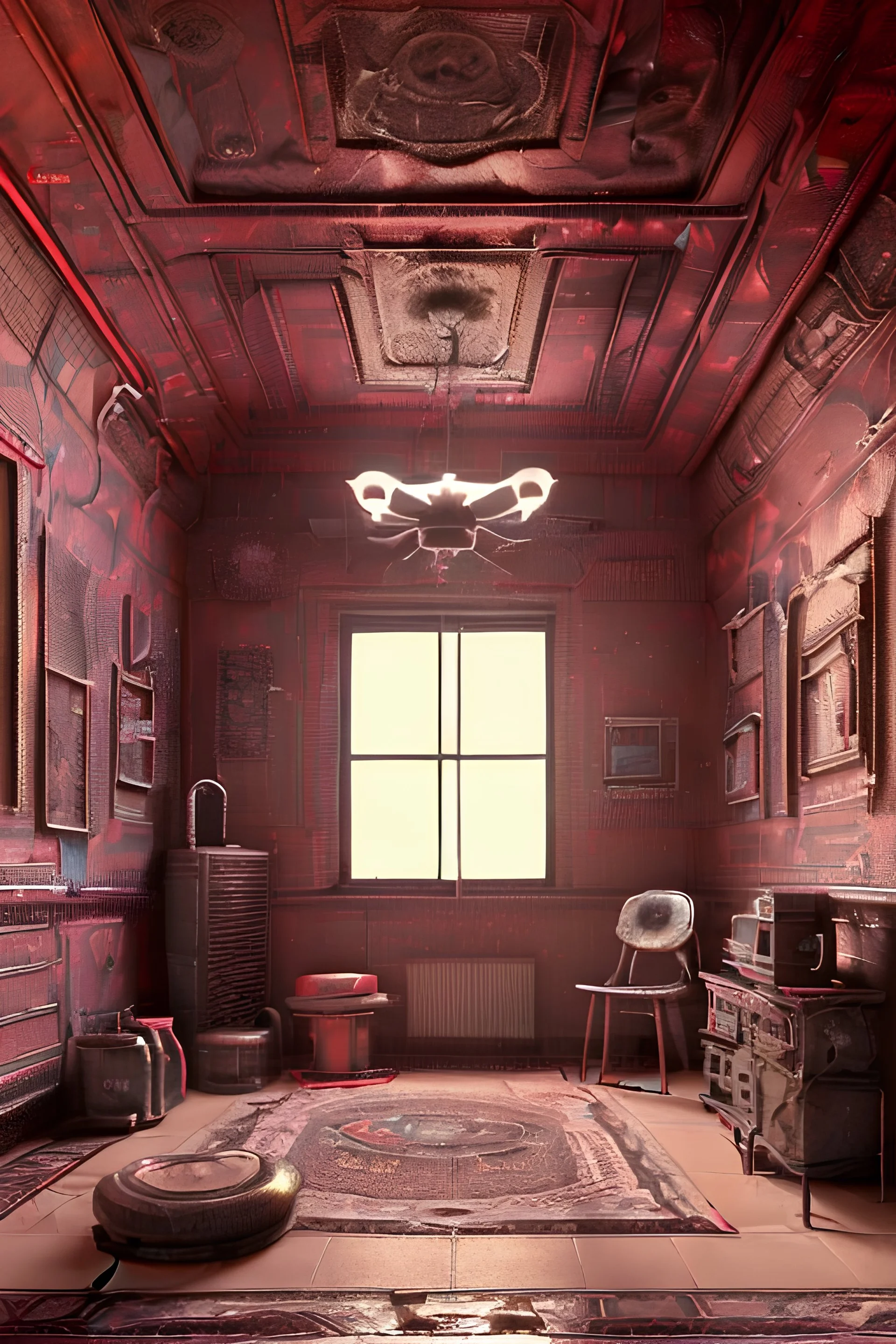 3D render of futuristic apartmrnt, cyberpunk-style furnishings, synthwave style antique art collection, old paintings,Persian rugs|curved ceiling,red, hexagonal floor tile pattern|Insanely detailed, fine lines, intricate patterns, 8x HDR, hyperrealistic, blender render, Architect's Digest|Ibspired by The Matrix