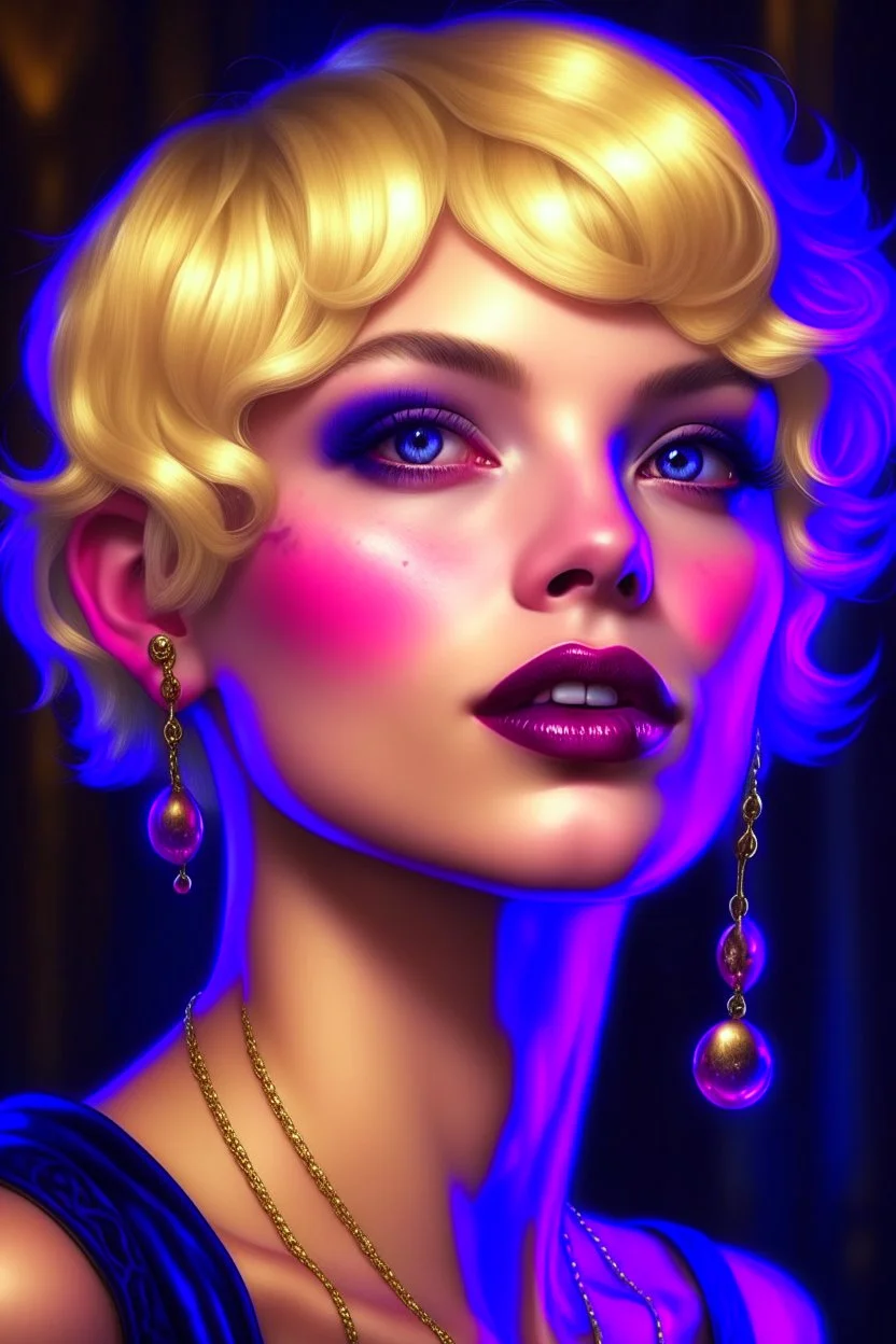 pierced lips and nose, a beautiful woman with short blonde hair, nice blue eyes, deep purple lips, nice nose wearing lip-ring, nose-pin and designer bikini. 8k resolution, art by Greg Rutkowski, Artgerm, WLOP, Alphonse Mucha dynamic lighting, intricately detailed, trending on Artstation