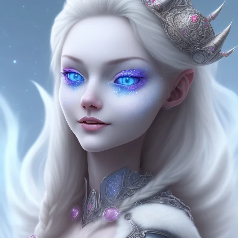 visage souriant, fée magicienne du nord, fantasy, bleu et rose grands yeux bleus, cheveux long blond