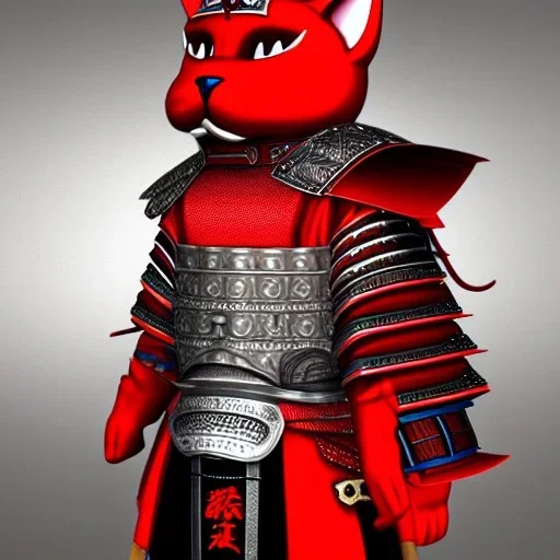 Modélisme trois dimensions, chat, anthropomorphique, habillé comme un samurai, armure très détaillé, rouge, argent