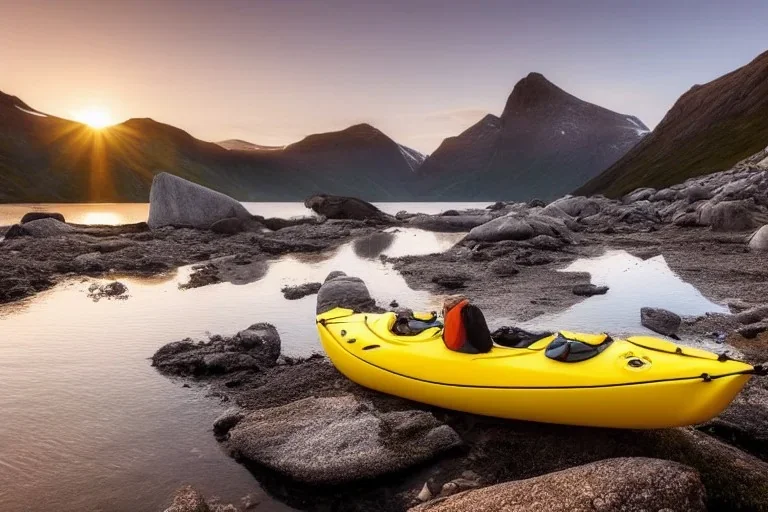 highly detailed glacial lake landscape, sunset, cinematic lighting, 4k, 8k, octane render, popular on 500px, pinterest, extremely detailed, ambient lighting, single frame, small fiberglass yellow solo symmetrical sea kayak on rock pebble beach in foreground, norway, iceland, fjord