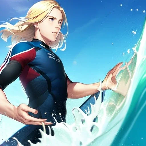 blonde hair anime boy surfing under a wave, make hands look realistic