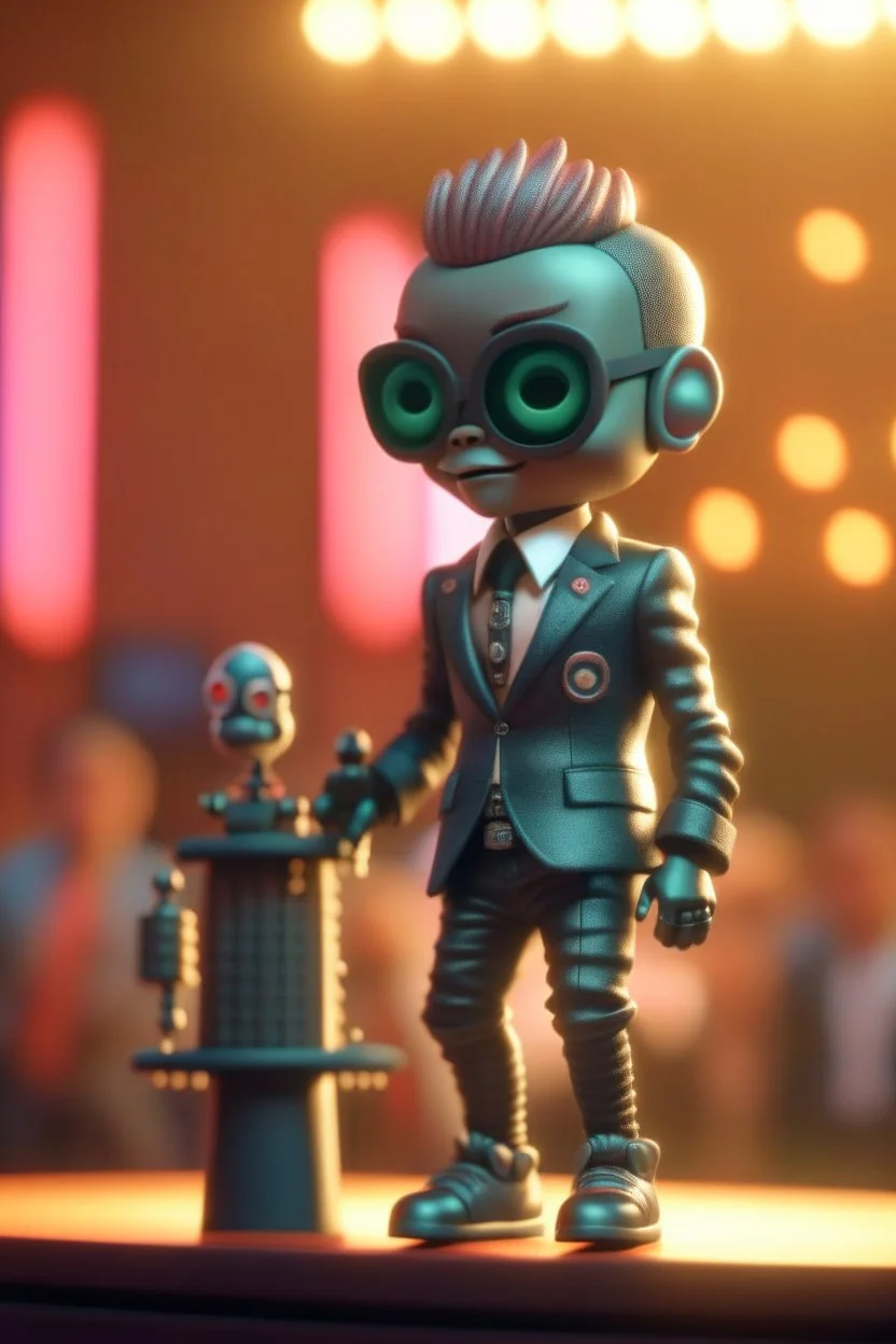 60s cute punk baby rihanna chat robot with suit and tie and rollerskates,on podium at festival, its such a perfect day, motion blur, smoke, 8k, downlight, soft light, depth of field, photorealism, trending on art station, some detail