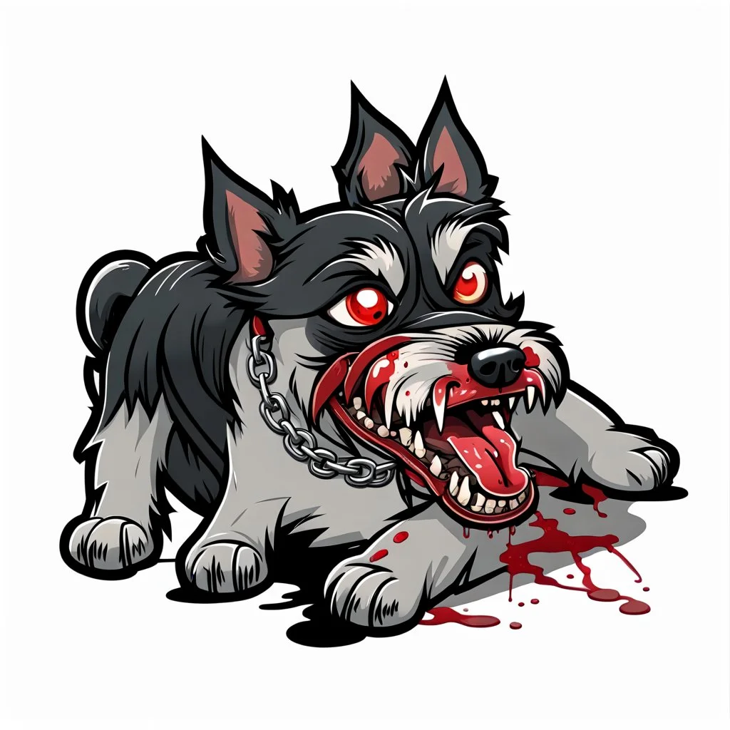 left facing head of angry Terrier dog with blood shot eyes and bloodied teeth, a ball chain collar around neck, a chain leash attached to collar, vector