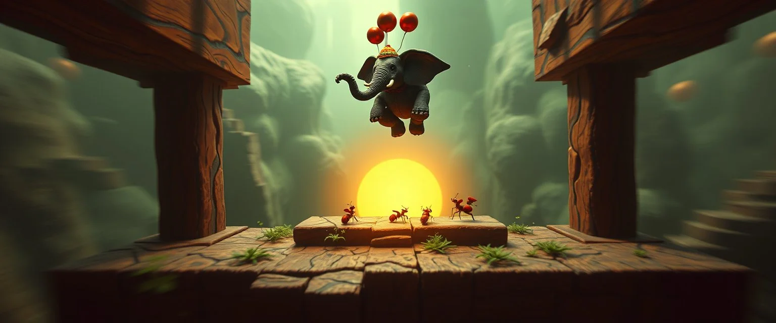 clown magic lying when he repeats everything you say, bear ant eater elephant floating in 4 dimensional platform game, goa trance movie poster, stylized art, pin hole photo, motion blur