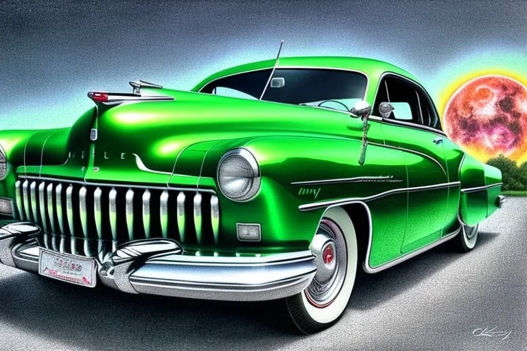 a true-to-life 1949 mercury eight, classic wheels, pen and color marker, centered, intricate, extreme detailed, photorealism, center view, drive-in background, pivot on mercury, painting by cheryl kelley