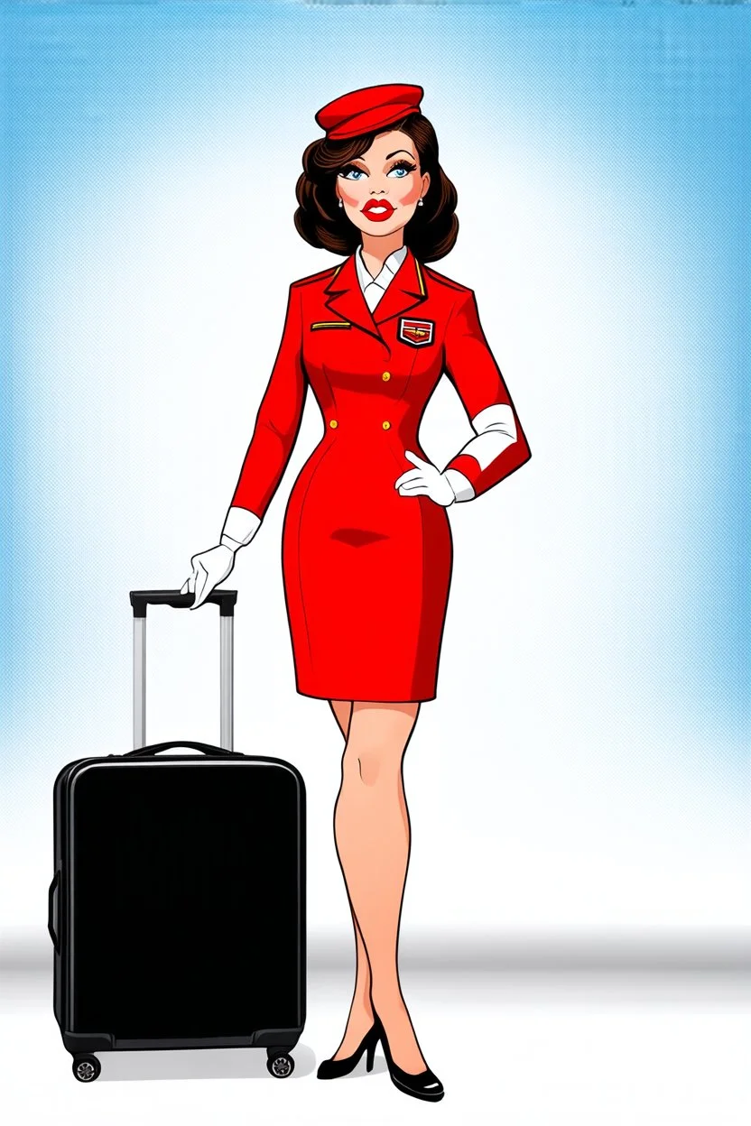 pin-up style realistic cartoon of 50 year old brunette stewardess in short and tight red uniform dress with very red lips and long eyelashes with the cabin suitcase