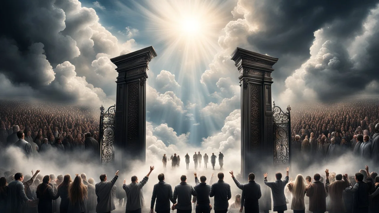 Hyper Realistic Photographic-Areal-View of Heaven & people reaching towards the gates of them showing dramatic & cinematic ambiance.