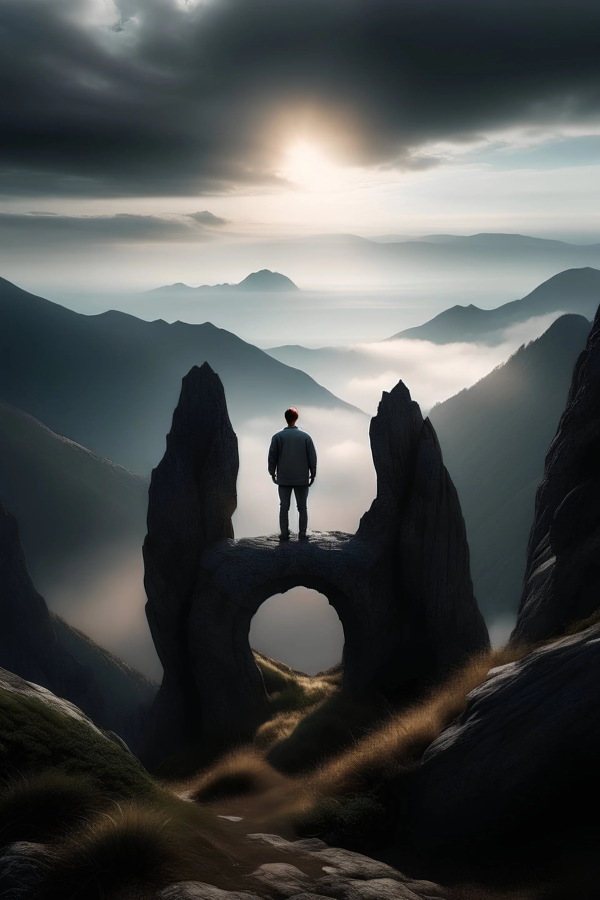 A guy looking towards a portal showing god from the top of an mountain