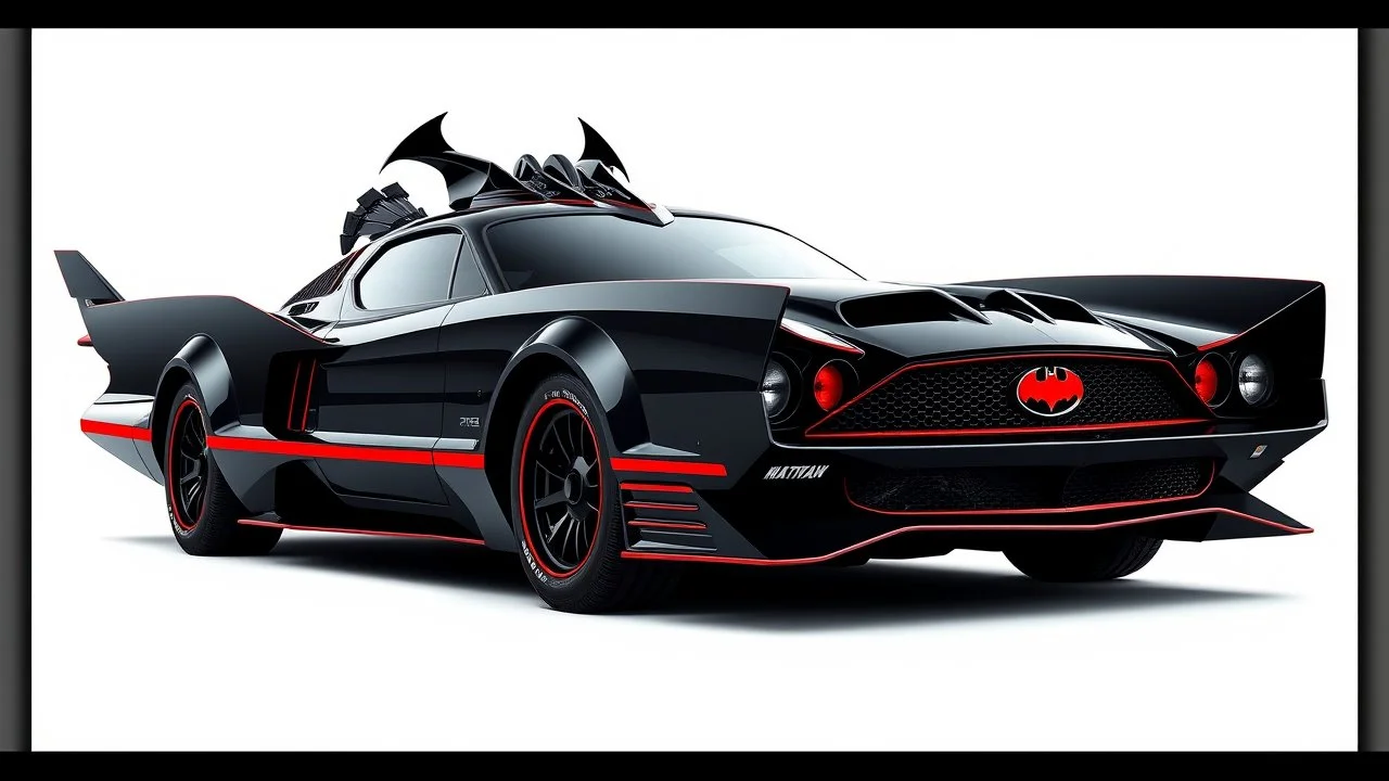 batmobile concept inspired from a 2025 ford mustang dark horse with a large elaborate spoiler and batman symbol style fins, batman symbol in grille, lower wind deflector. red stripes like 1960s adam west batmobile