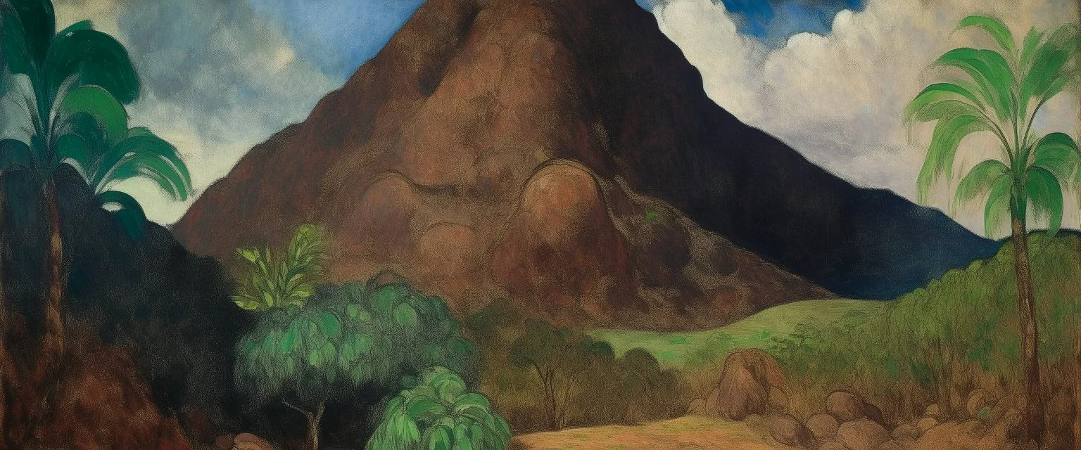 A brown mountain with stones covered in dust designed in Mayan Architecture painted by Paul Gauguin