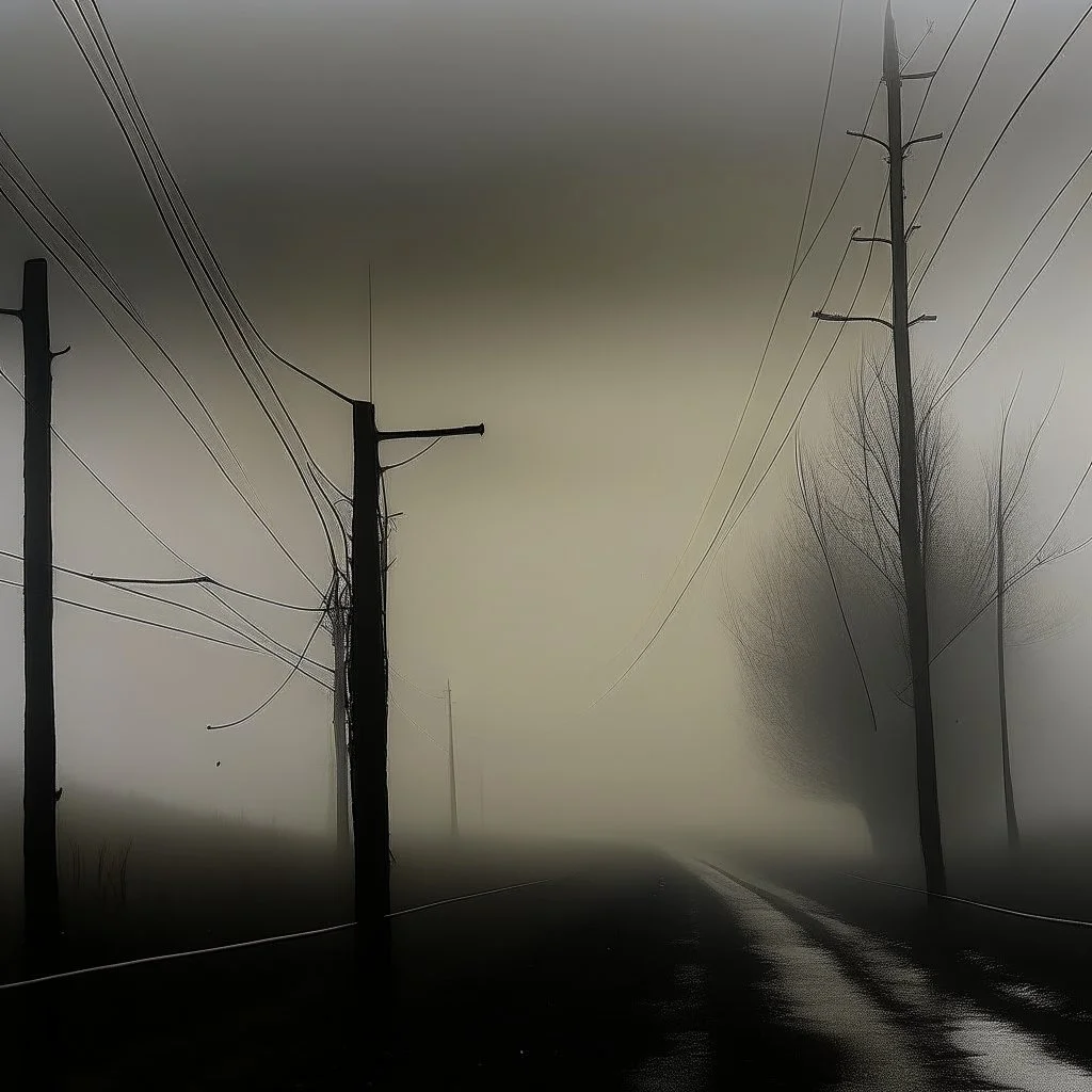 An empty road on a misty day. Telegraph poles and wires. Muted tones. With blotches and lens noise. Photo 4k